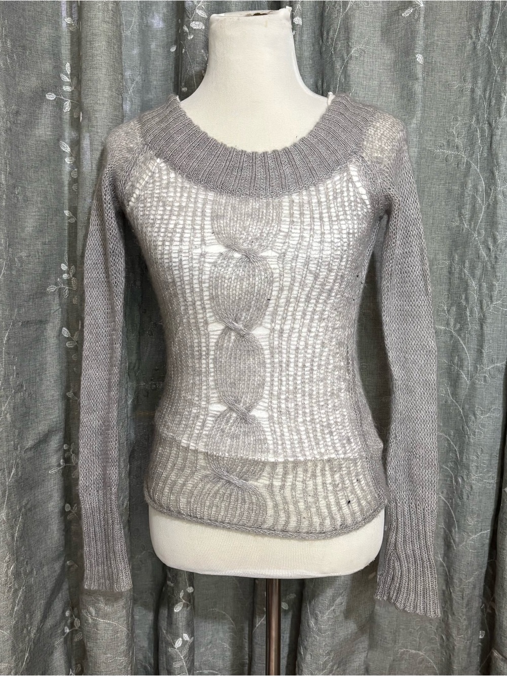 Y2K Pout Sheer Cable-Front Crew Sweater - Light Gray